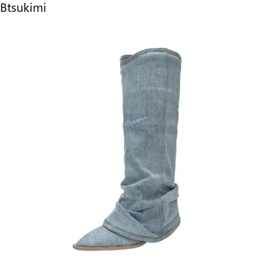 2024 Women's Denim Jeans Long Boots Pointed Toe Vintage Long Boots Female Autumn Winter Girls Knee-High Club Party Long Boots