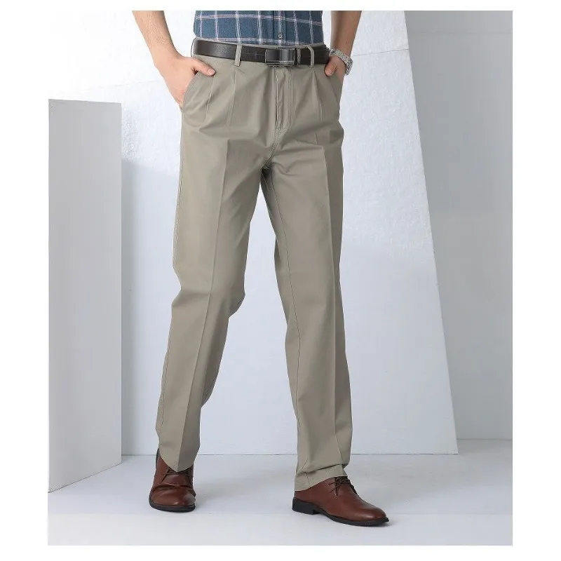 

Мужские свободные прямые повседневные брюки из хлопка с двойной плиссировкой и высокой талией, мужские деловые брюки без железа
