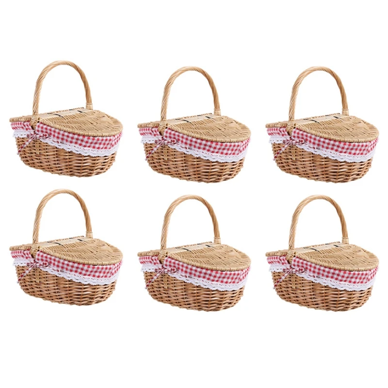 

6X Country Style Wicker Picnic Basket Hamper With Lid And Handle & Liners For Picnics, Parties And Bbqs