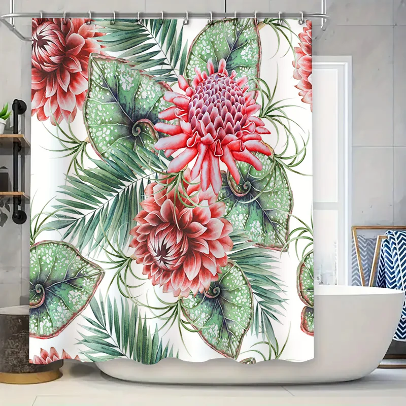 

Red Floral Shower Curtain with Green Leaves Waterproof Fabric Bath Mat Decor for Bathroom Modern Home Accessories Available in V