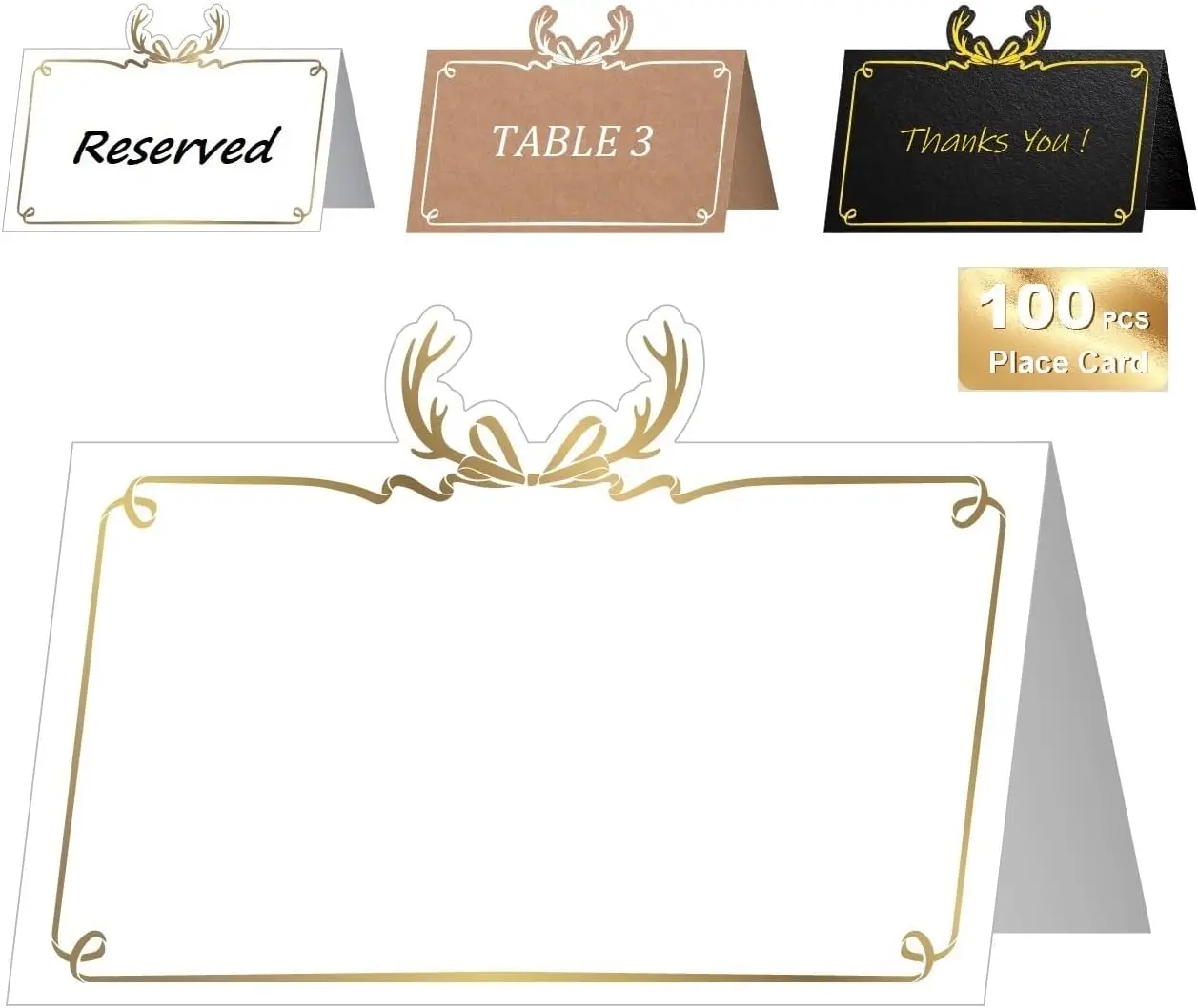 

100 шт. премиальных золотых карточек-указателей в форме оленьих рожек, 2x3.5 дюйма, для свадеб, ужинов, рассадки гостей