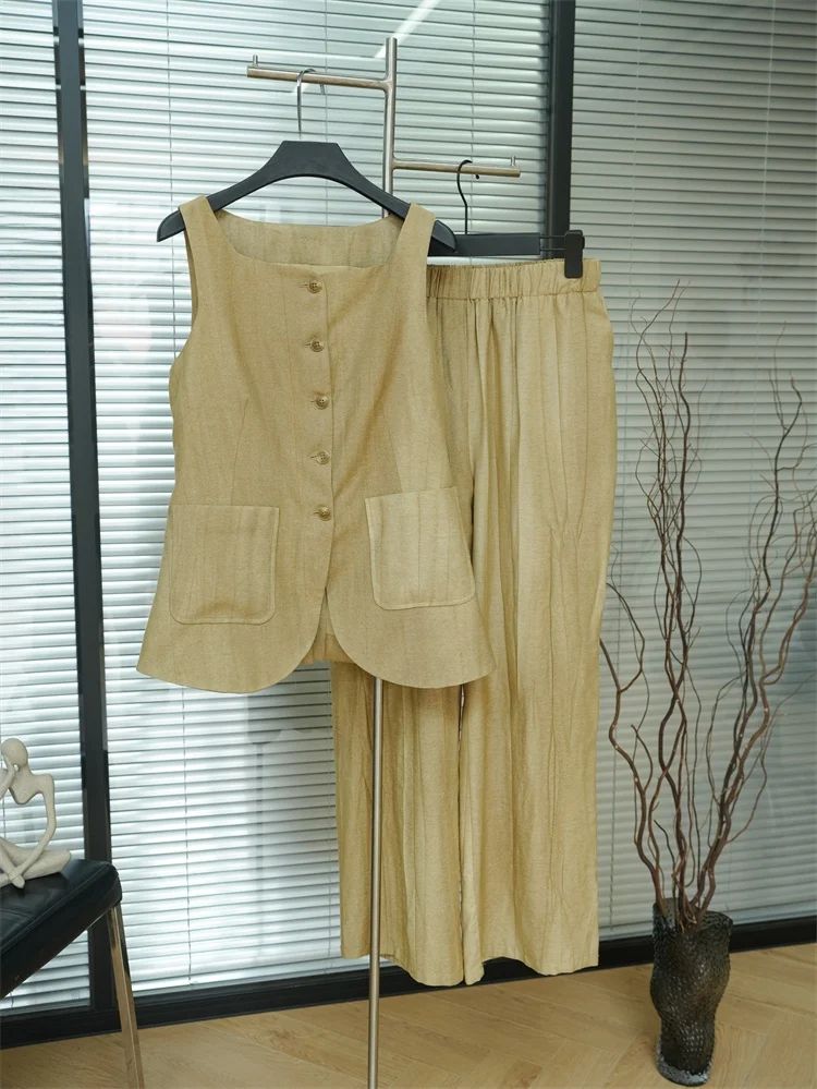 

Роскошный льняной комплект: жилет и брюки с широкими штанинами для женщин, летний, высококачественный, интеллектуальный стиль U4004 South Oil