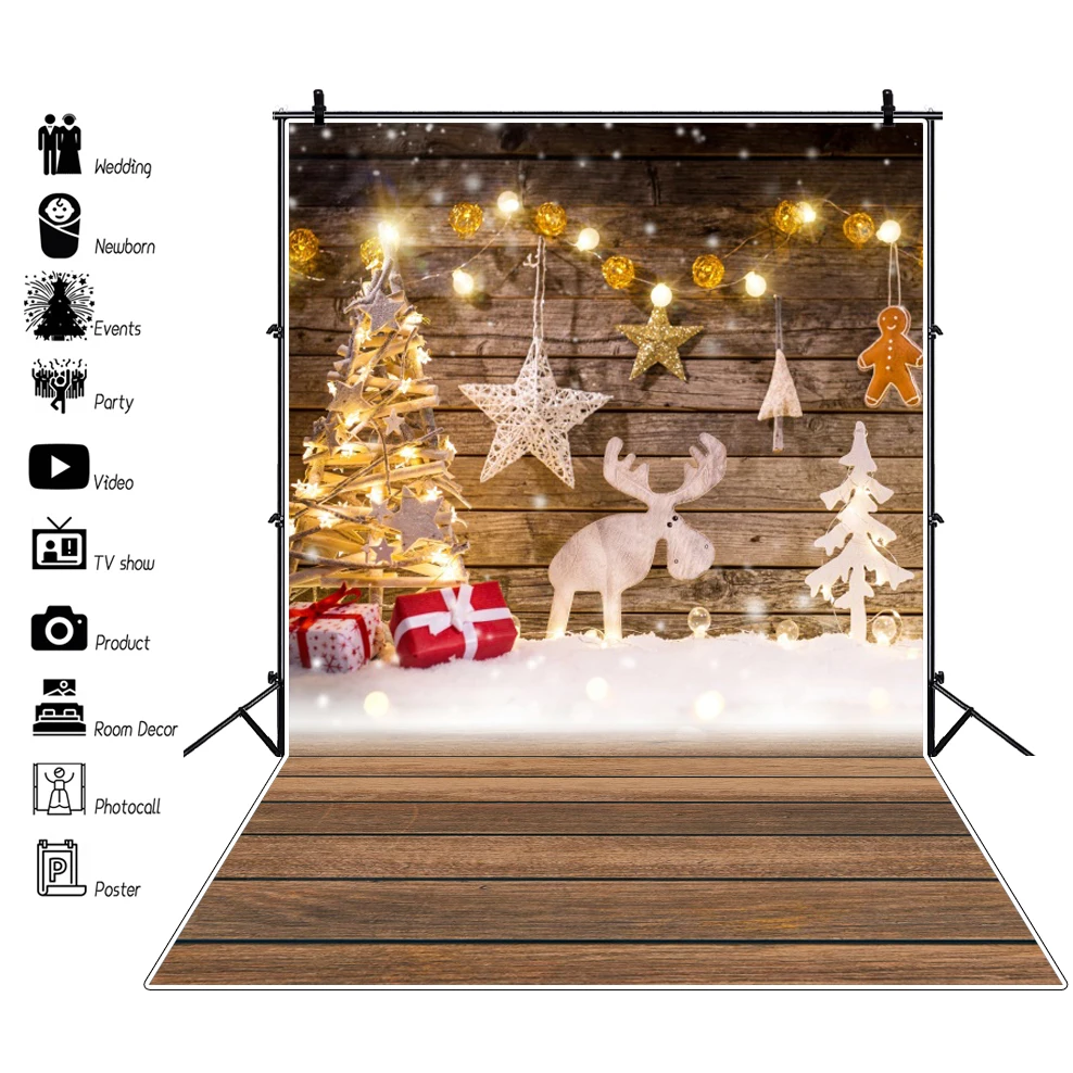 Christmas Photography Backdrop Wooden Floor Xmas Tree Fireplace Baby Birthday Family Party Background Photo Studio Decor Banner