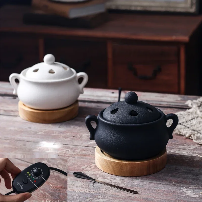 Timed 110V/220V Electric Incense Burner Elegant Black 25ml Essential Oil Lamp Timed Household Ceramic Burner for Home Decor