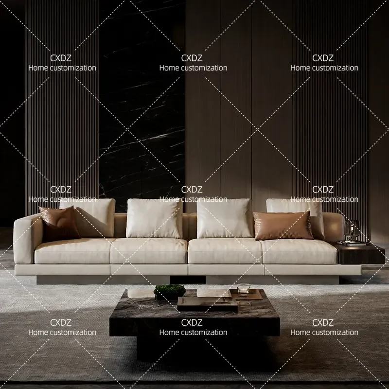Modern Leather Sofa for Living Room Villa Straight Row Simple Light Luxury Design with Edge Foshan Furniture Factory Direct
