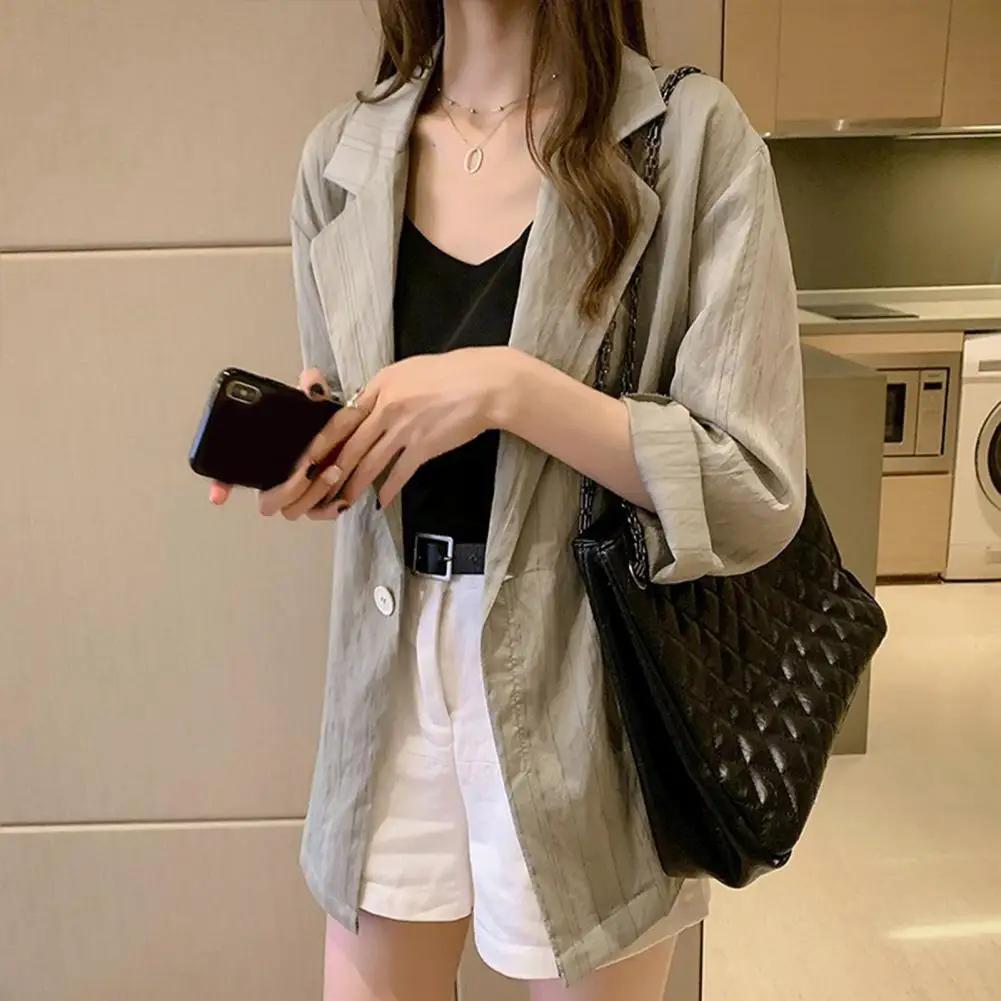 Striped Lapel Suit Coat Women Suit Coat Chic Lapel Women's Long Sleeve Suit Coat Flap Pockets Single Button Loose Fit Blazers