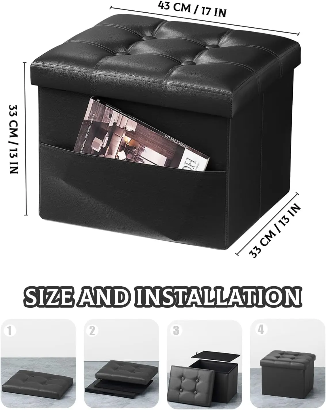 

Ottoman With Storage Foot Stool, 17 Inches Folding Storage Ottoman, Leather Upholstered Ottoman Foot Rest With Side Pockets,