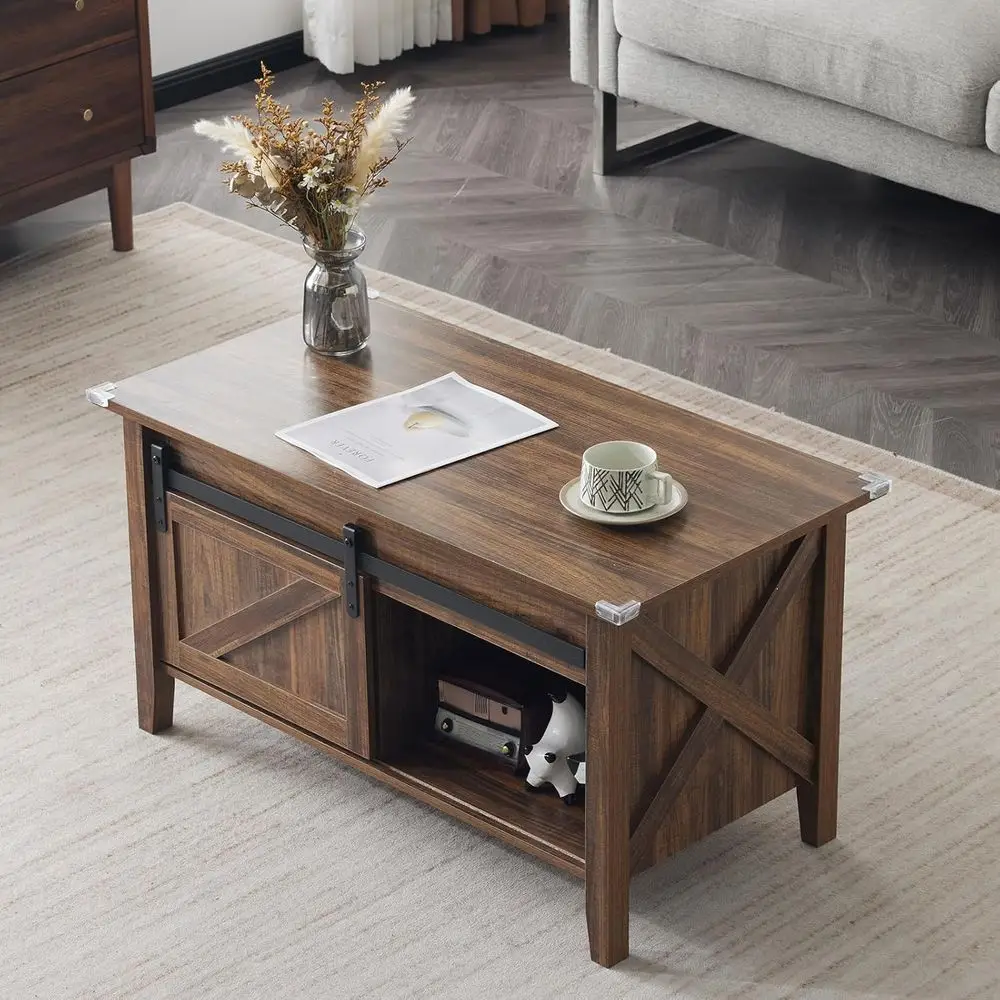 Rustic Grey Lift Top Coffee Table with Storage Shelf and Hidden Compartment, Espresso Brown, 36 Length