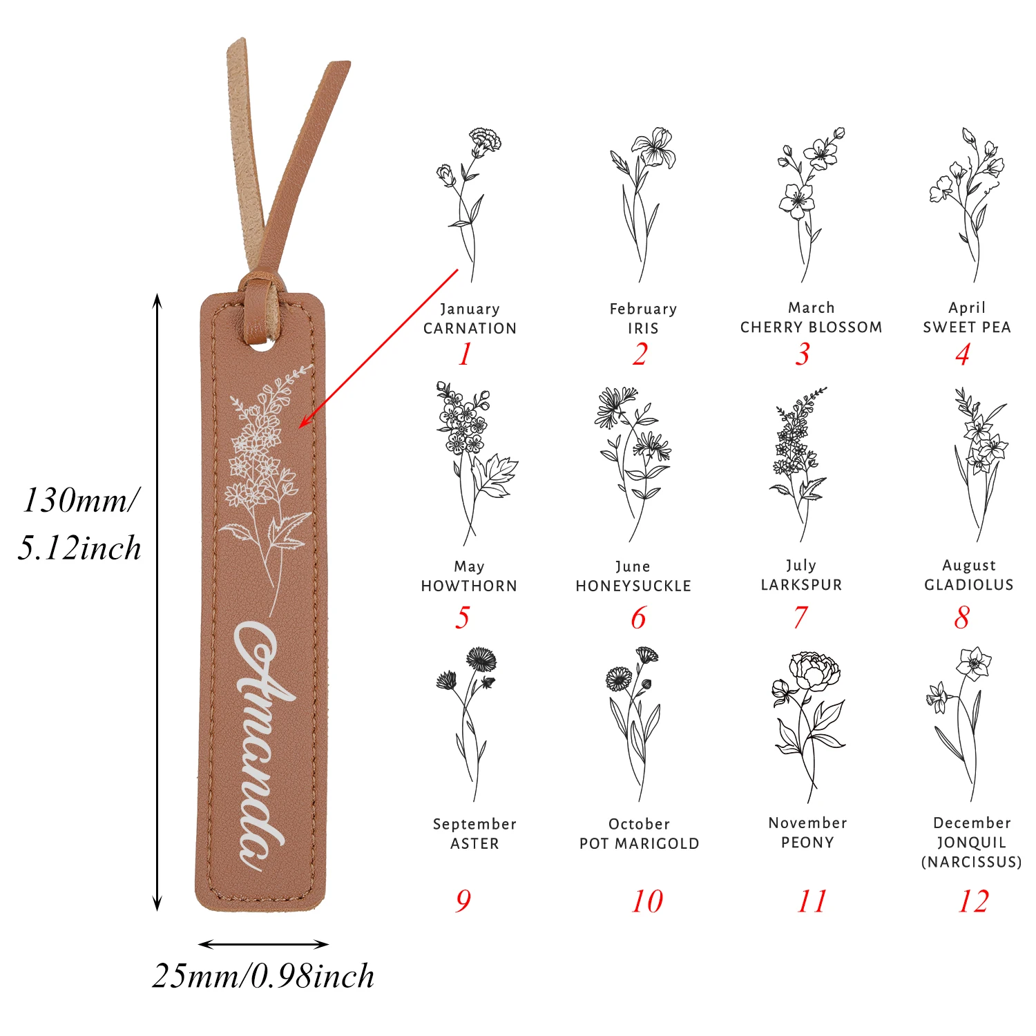 Personalized Leather Bookmark for Friend Custom Name Bookmark with Birth Month Flower for Book Lover Gift PU Leather Bookmark