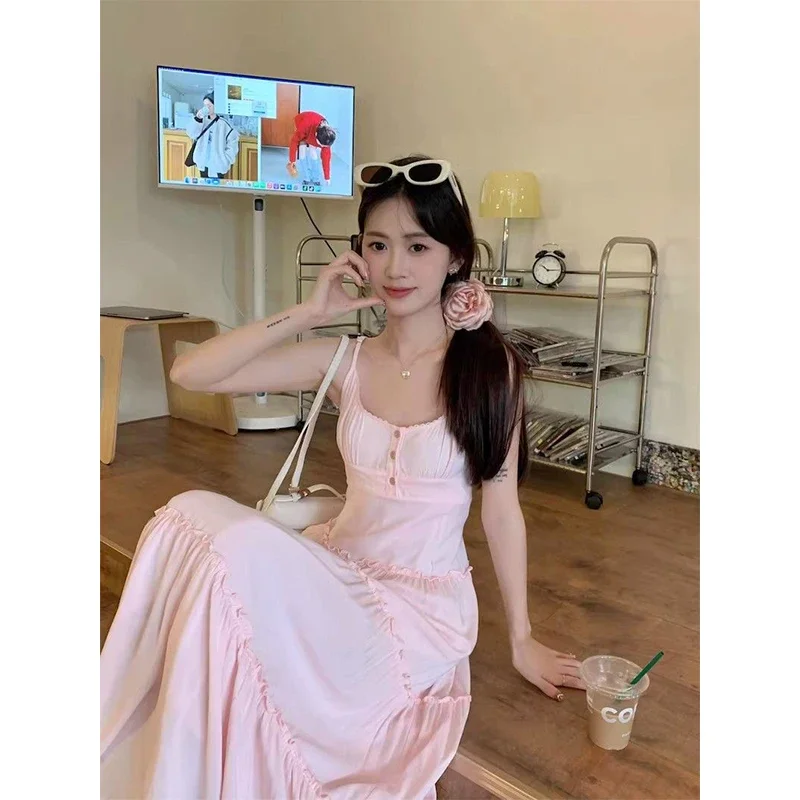 Sweet Pink Maxi Dress Women Vacation White Ruffles One Pieces Long Dresses Summer Sexy Strap Robe Korean Beach Bodycon Vestidos