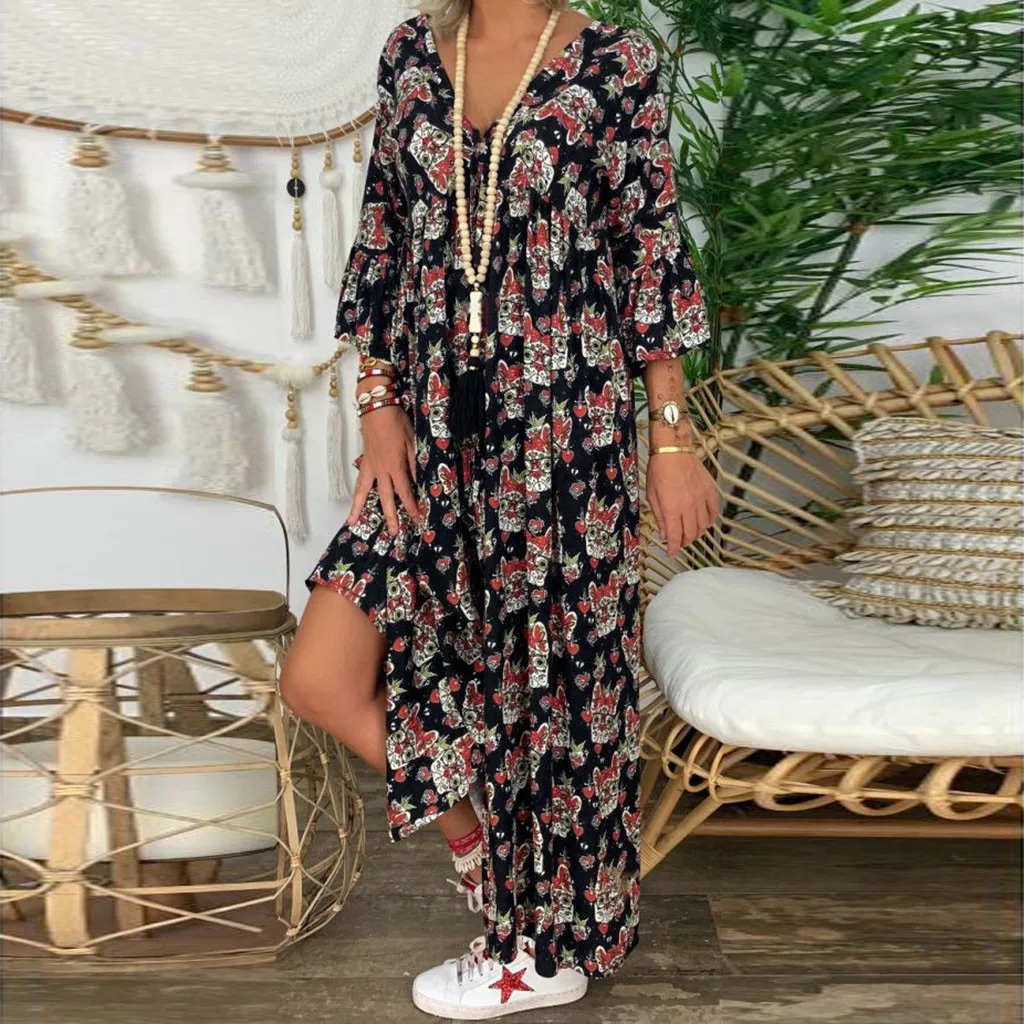 Women's Vintage Long Shirt Dresses Bohemian Loose Print Plus Size Dress Retro Vestidos Ladies V-Neck Long Sleeve Maxi Dresses