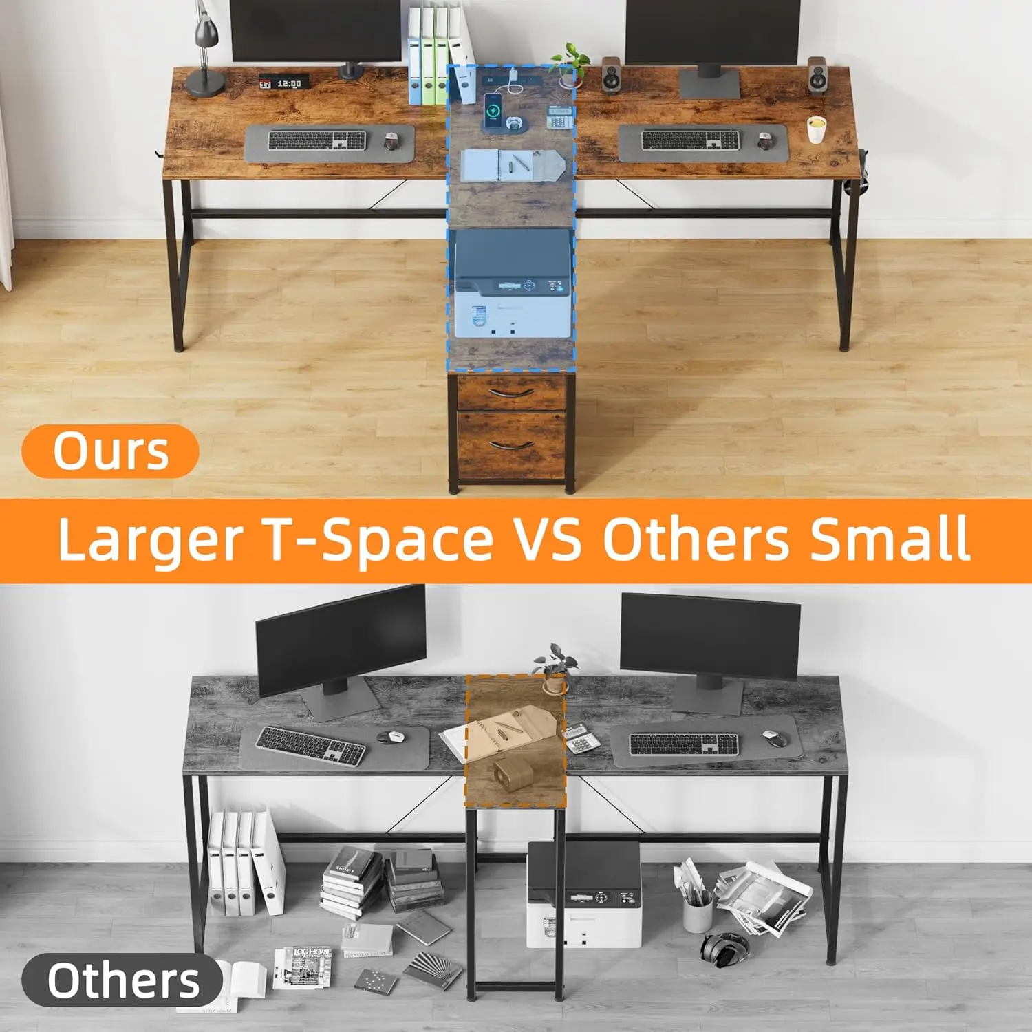 مكتب على شكل حرف T لشخصين مع مخرج طاقة، طاولة ألعاب طويلة لشخصين مع LED وأدراج قماشية، مكاتب كمبيوتر مقاس 81.2 بوصة مع ملف #4