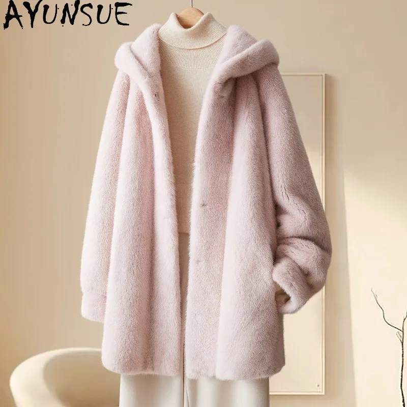 

AYUNSUE Natural Whole Mink Fur Coat Woman Pink Winter Fur Jacket Mid-length Outerwears Stylish Long Sleeve Tops for Woman Ropa