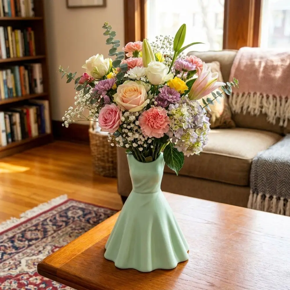 Elegant 3D Printed Princess Dress shape Vase Plastic Romantic Desktop Ornament Creative Skirt Pencil Holder Bedroom Decor