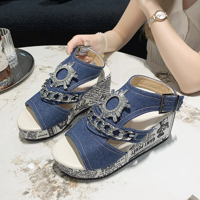 Fashion Wedges Rhinestone Design Slippers Shoes Women New Summer Flat Women Blue Slope Heel Slippers Ladies Denim Beach Sandal