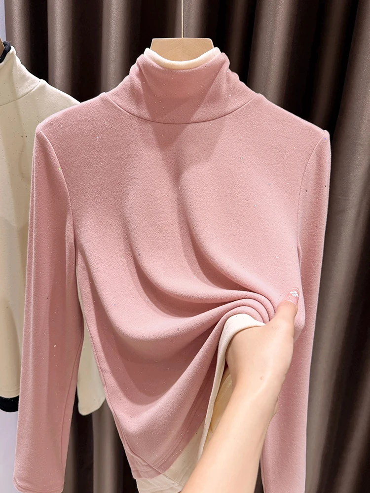 

Warm Fce Lined f High Ne Women's Base irt Sweet Sle Inner Wear Contrast Color T-irt Top for Autumn Winter