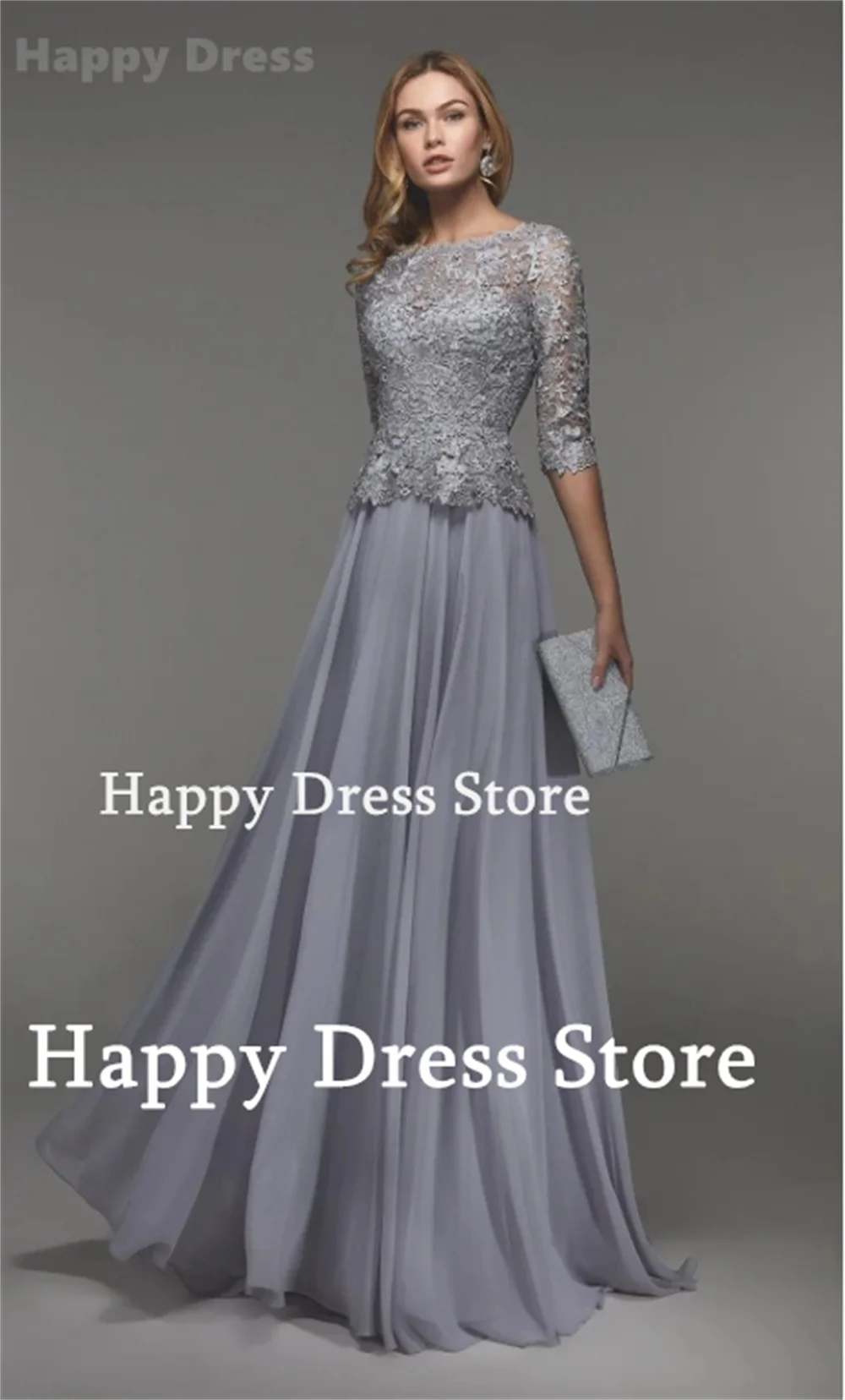 New Grey Mother Dress Formal Dress O-Neck Half-Sleeves A-Line Lace and Chiffon Wedding Party Dress For Women Evening Dresses