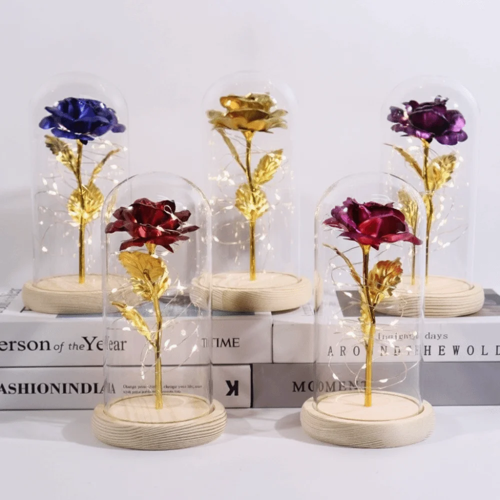 LED Light Preserved Rose Flower Wooden Base Valentine's Day Gift Rose LED Light Home Decoration Glass Cover Artificial flowers