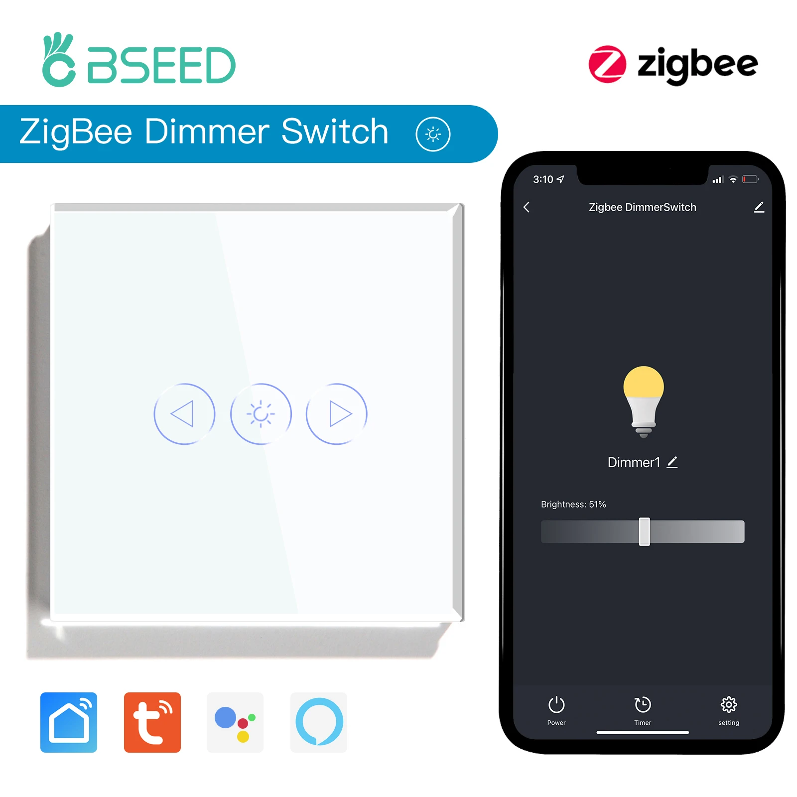 BSEED Zigbee Dimmer Switches 1Gang 1Way Smart Light Touch Switch Wall Dimmable Switch Tuya Control Smart Life Google Alexa