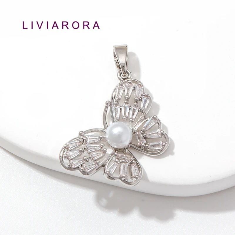 1/2/3Pcs Rhodium Plated Brass Hollow Butterfly Pendant,Pearl With Baguette CZ Hollow Butterfly Charms For DIY Jewelry Making