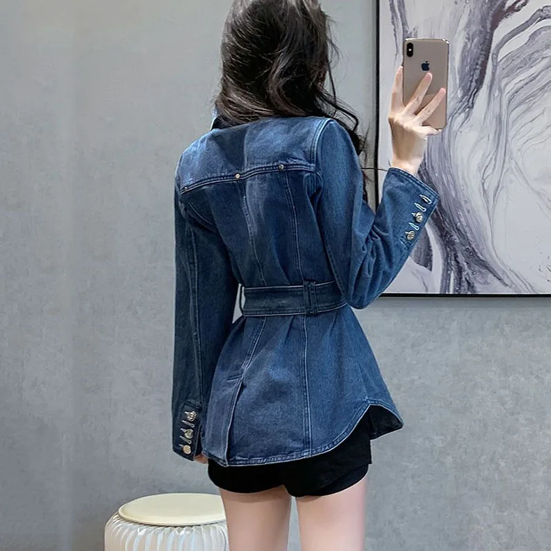 New Fashion High Grade Womens Denim Jacket Spring Autumn Casual Basic Coat Female Korean Loose Motorcycle Jackets Belt Blue Tide