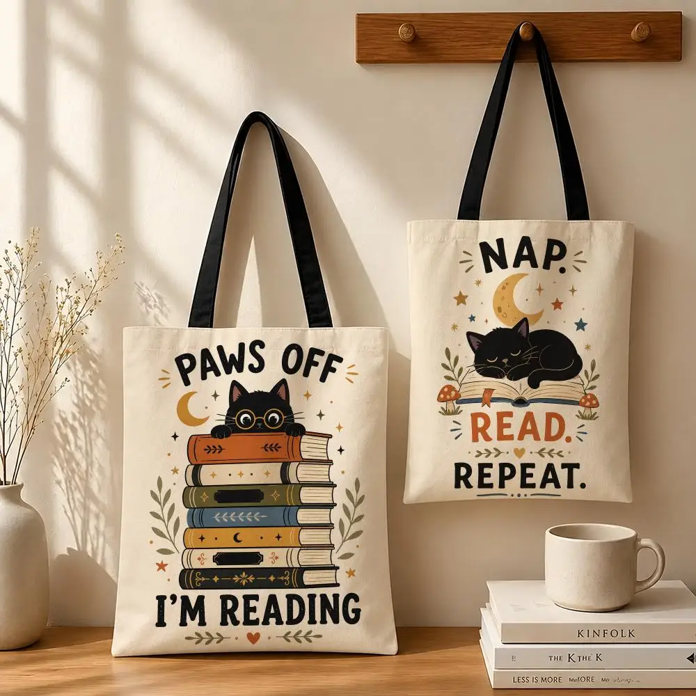 Cartoon Reading Cat Book Storage Bags Canvas tote bags reusable shopping bags perfect for work daily commutes