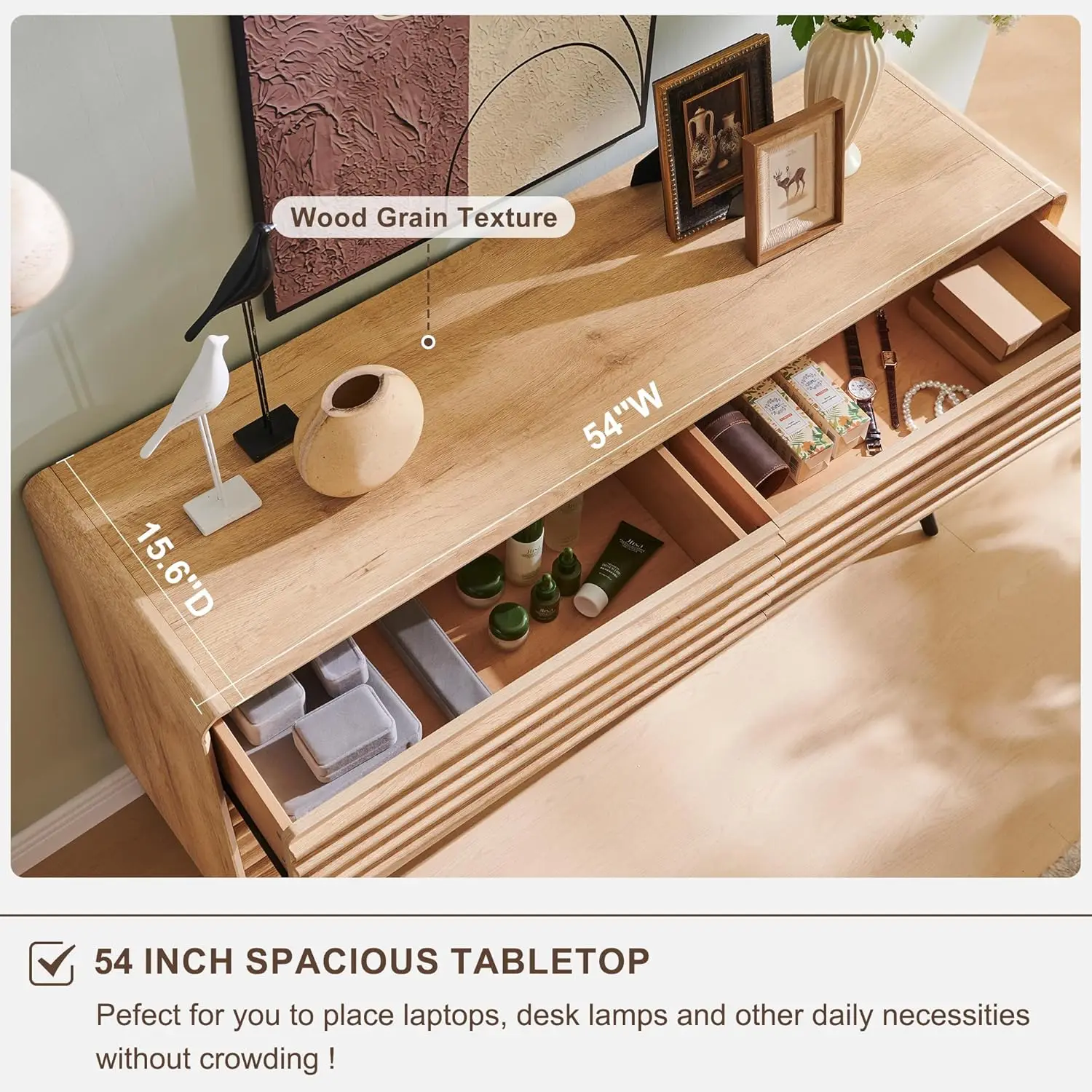 Commode cannelée moderne à 6 tiroirs, commode en chêne naturel de 54 pi avec pieds coniques pour chambre à coucher, salon, couloir