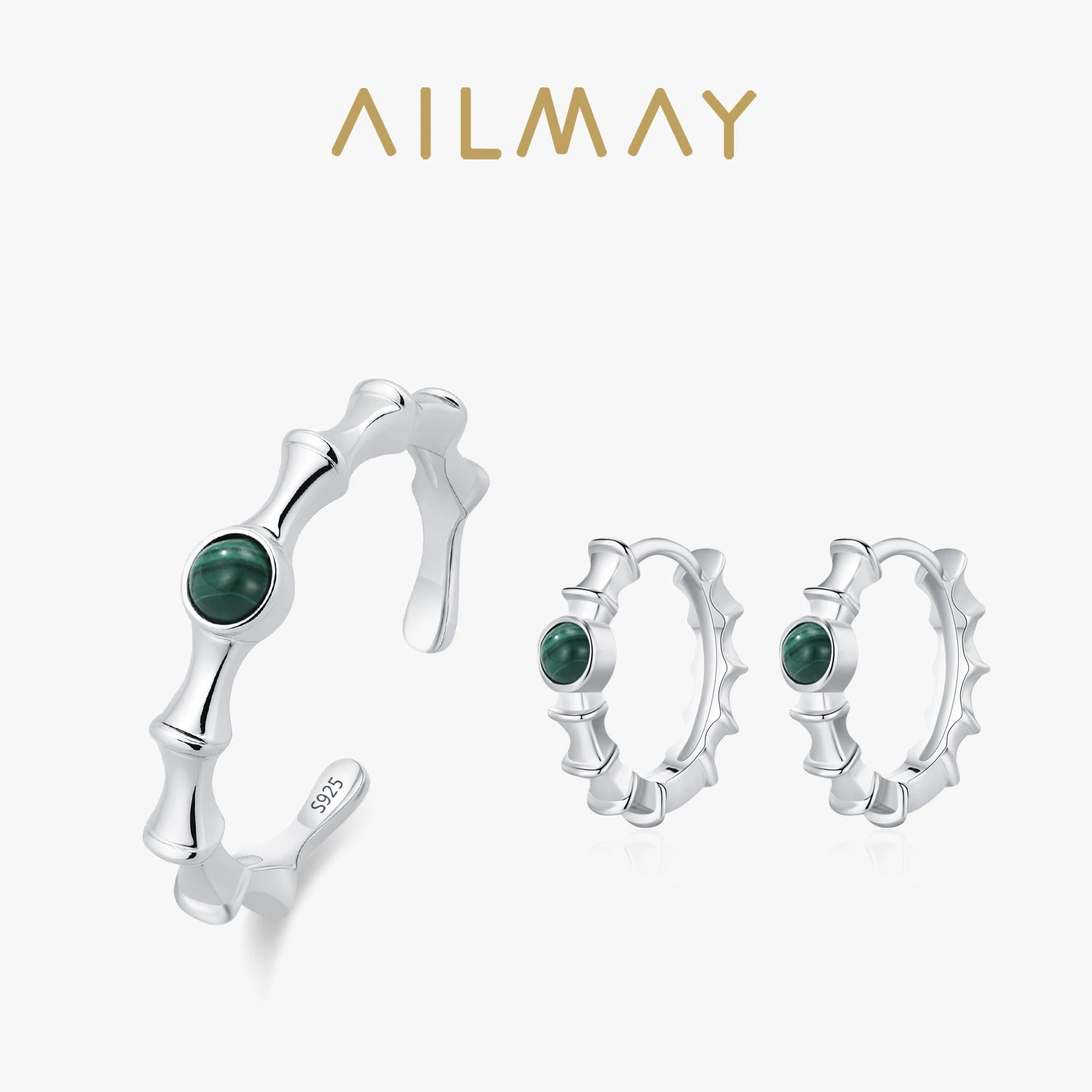 

Ailmay стерлингового серебра 925 пробы, зеленый малахитовый камень, бамбуковая форма, кольца, серьги-кольца, набор для женщин, эффектные ювелирные изделия, подарок