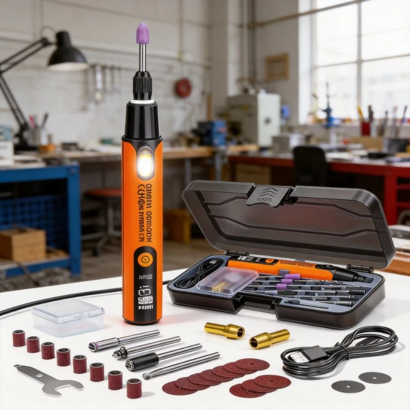 Elektrischer Mini-Schleifstift mit LCD-Display, 6 Einstellbare Geschwindigkeiten, Eingebaute LED-Beleuchtung, Kühllüfter, Multifunktionales Gravur-, Polier- und Fräs-DIY-Werkzeug