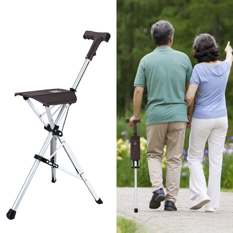 Electric Folding Cane with Seat 120kg Load Portable Walking Stick Chair for Seniors One-Touch Operation Lightweight Travel Stool