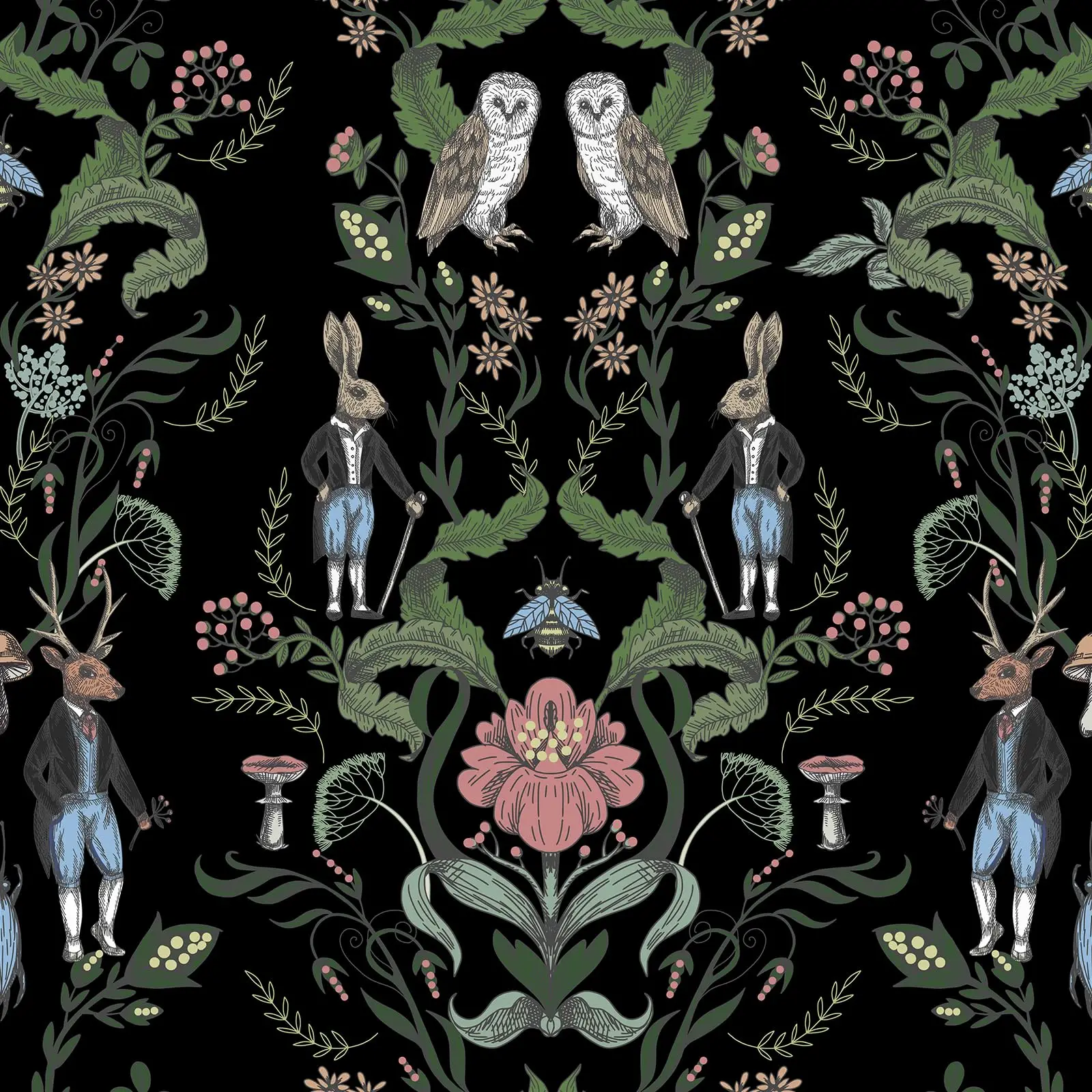 Forest Animal Wallpaper Vintage Rabbit Owl Bee Mushroom Floral Botanical Peel and Stick Removable Wall Mural Home Bedroom Decor