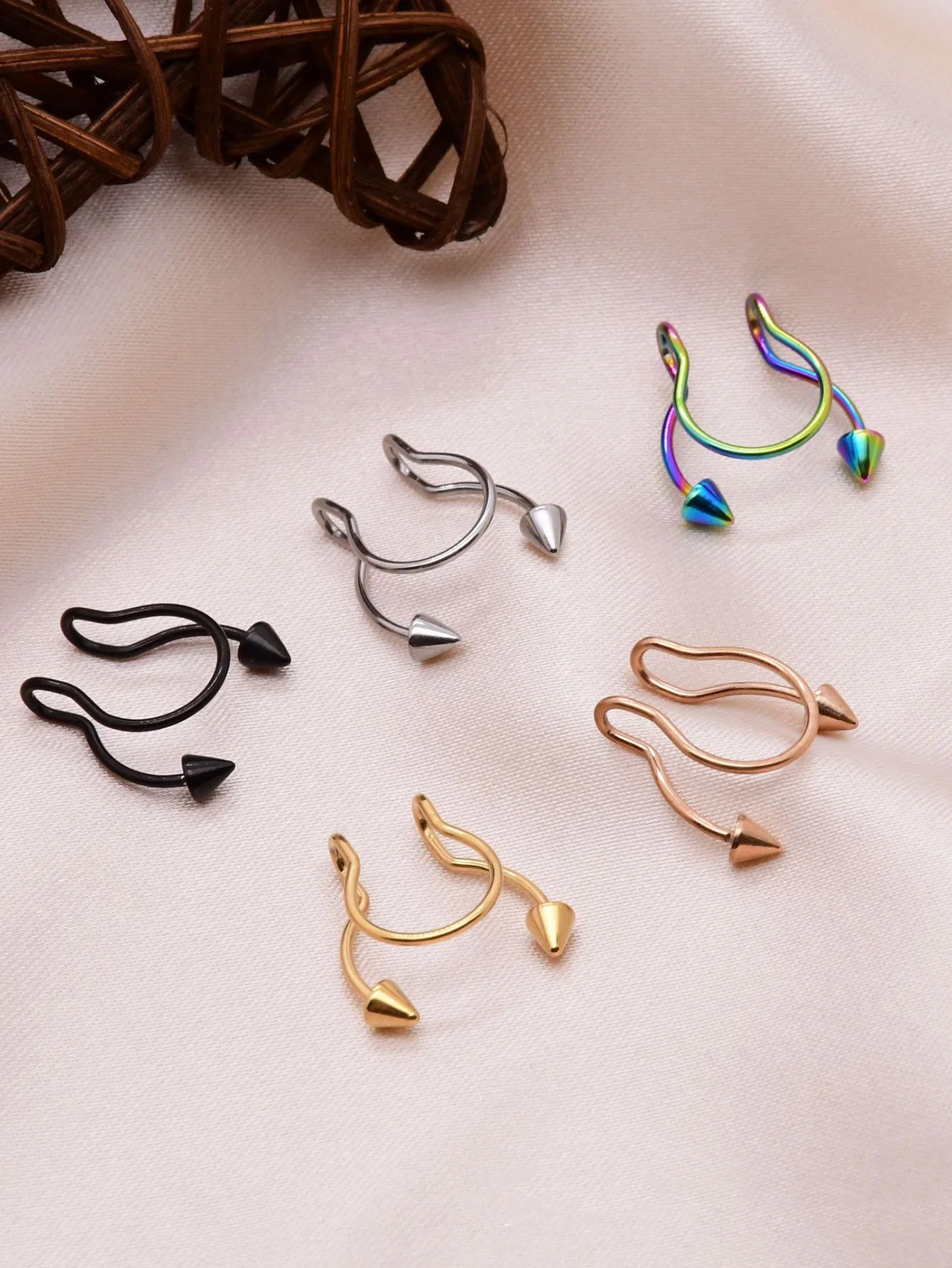 5PC Trendy Spike Fake Septum Stud Piercing for Women Stainless Steel Fake Nose Ring Hoop Fake Nose Ring Non Pierced Nose Jewelry