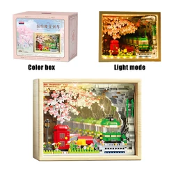 Mini City Street View Sakura Mural Photo Frame Building Block MOC Cherry Blossom Train Model Toy Bricks Friends Children Gifts