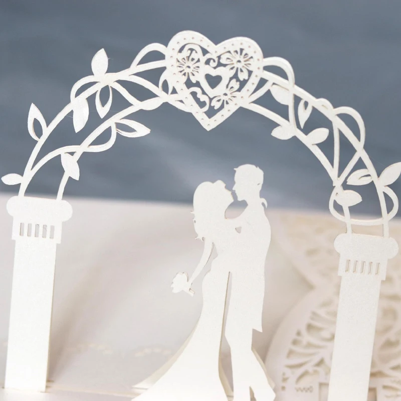 10 pieces 3D Pop Up Bride and Groom Ivory Wedding Invitation Card Laser Pocket Floral Bridal Shower Engagement Invitations IC052