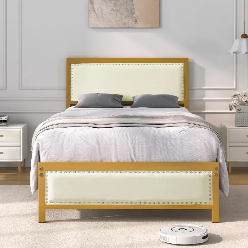 

Twin Size Bed Frame w/Headboard,Heavy-duty Upholstered Platform with Strong Metal Slats,No Box Spring Needed,Easy Assembly,Beige