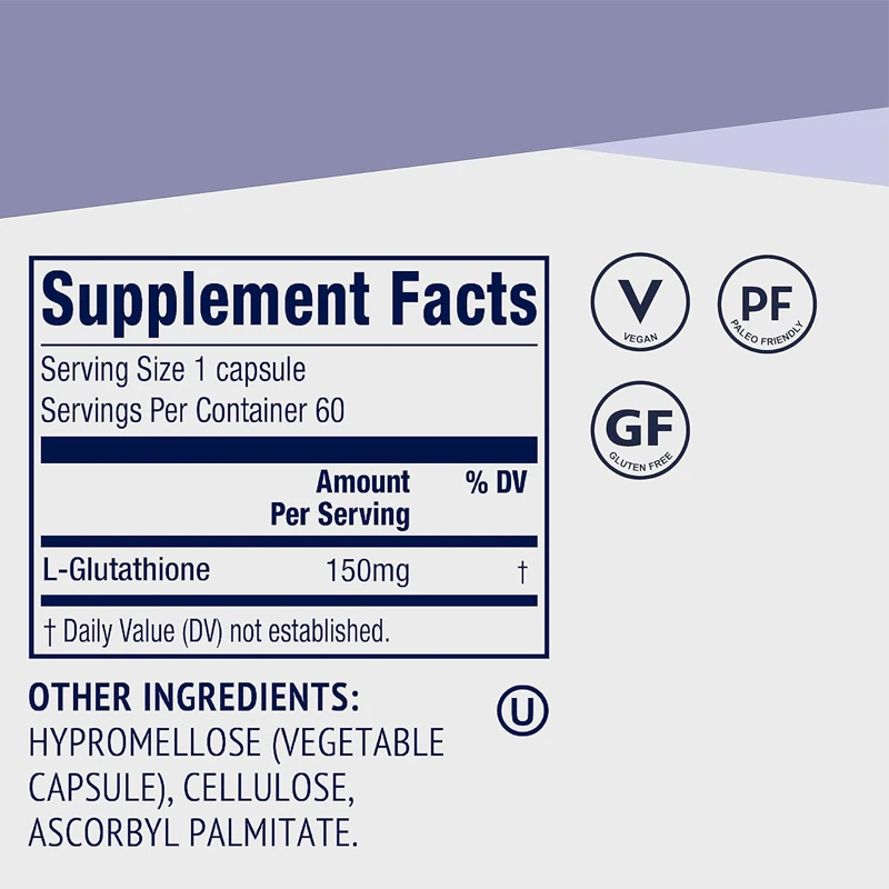 Cápsulas de glutatión, 60 porciones, soporte inmunológico natural, suplemento de desintoxicación, sin olor, kosher, sin soja, Vegano