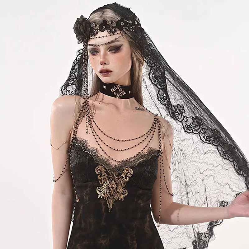 할로윈 블랙 레이스 모자를 쓰고 있죠 유령 신부 어두운 마녀 수녀 공주 고딕 액세서리 빈티지 중세 코스프레 베일