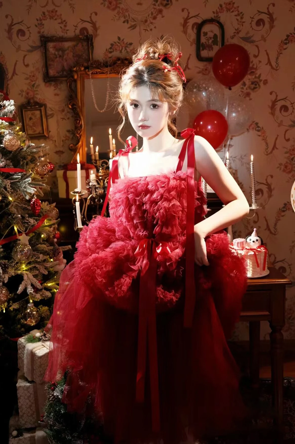 Robe de Noël Lolita pour fille, robe de photographie d'art, personnalité mignonne, rouge, hiver