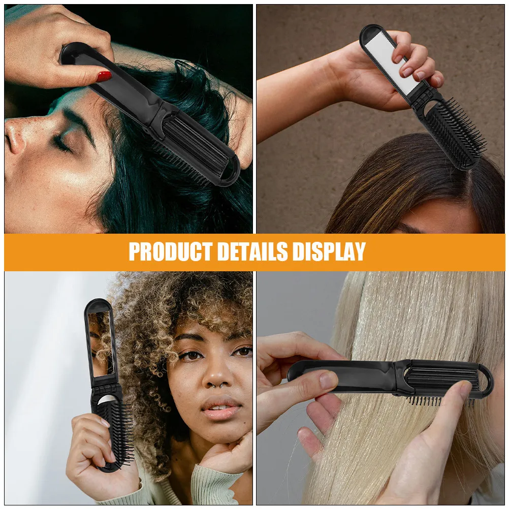 2Pcs Folding Pocket Hair Brush with Mirror Compact Travel Styling Tool Antistatic Bristles Hd Reflection Touchup Brush