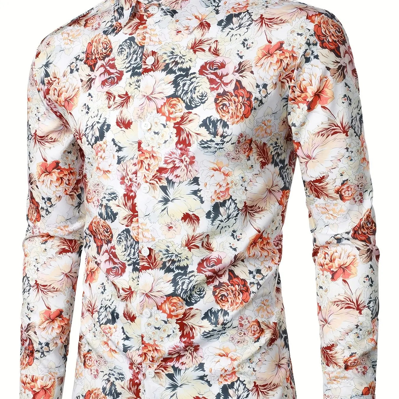 2024 New Men's Fashion Floral Pattern Shirt, Casual Breathable Roll-down Button Long Sleeve Shirt Top For Outdoor Activities