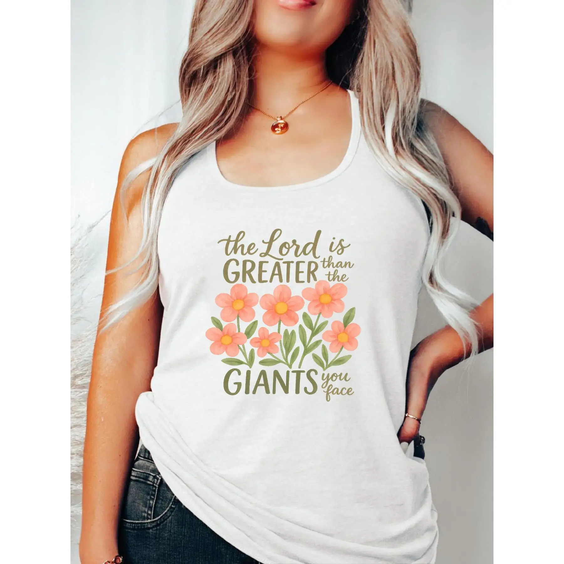 

The Lord Is Greater T-shirt for Women Christian Graphic Tee Religious Slogan Top with Flower Print