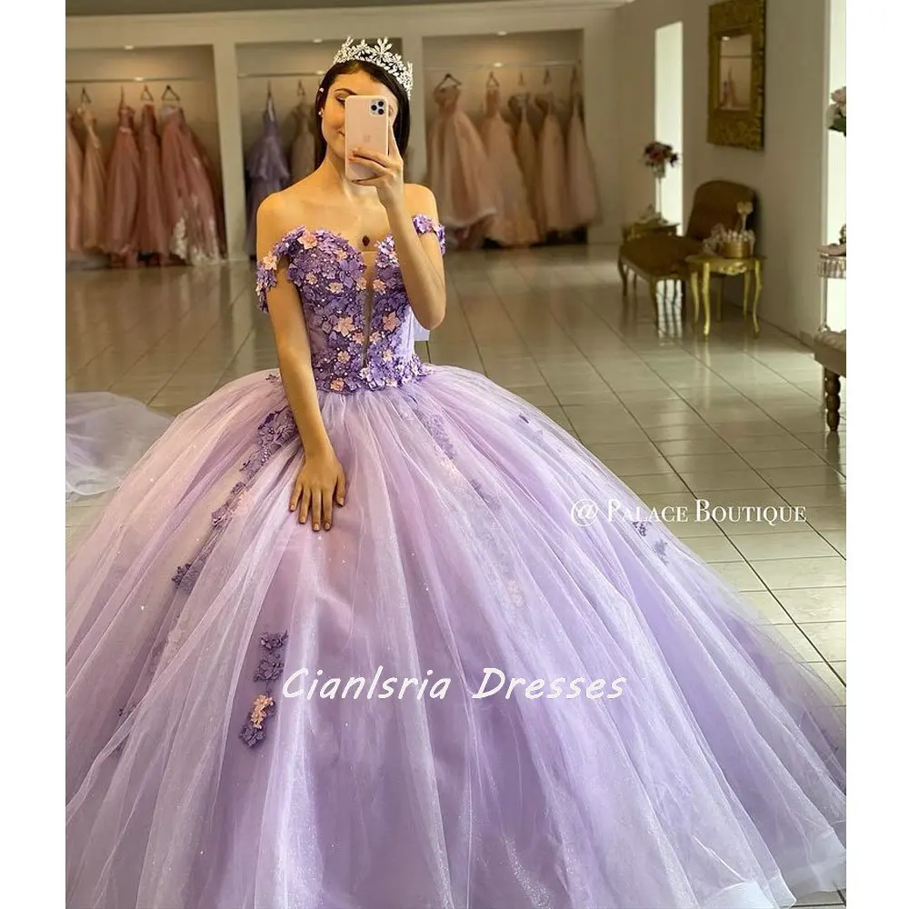 Vestido De quinceañera con flores y perlas lilas 3D, corsé con cuentas, vestido De baile con hombros descubiertos, apliques dulces 16, 15 Años