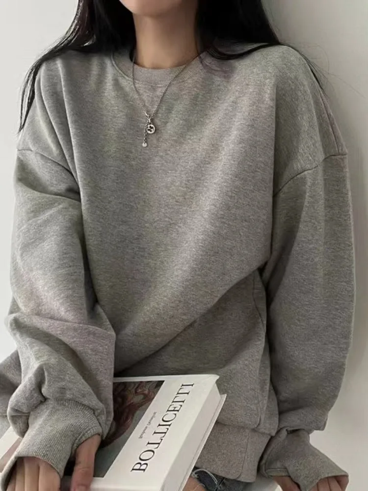 시크 빈티지 라운드 넥 긴팔 스웨트셔츠 여성 캐주얼 다용도 레이지 스타일 그레이 탑 봄 가을 겨울 신상품