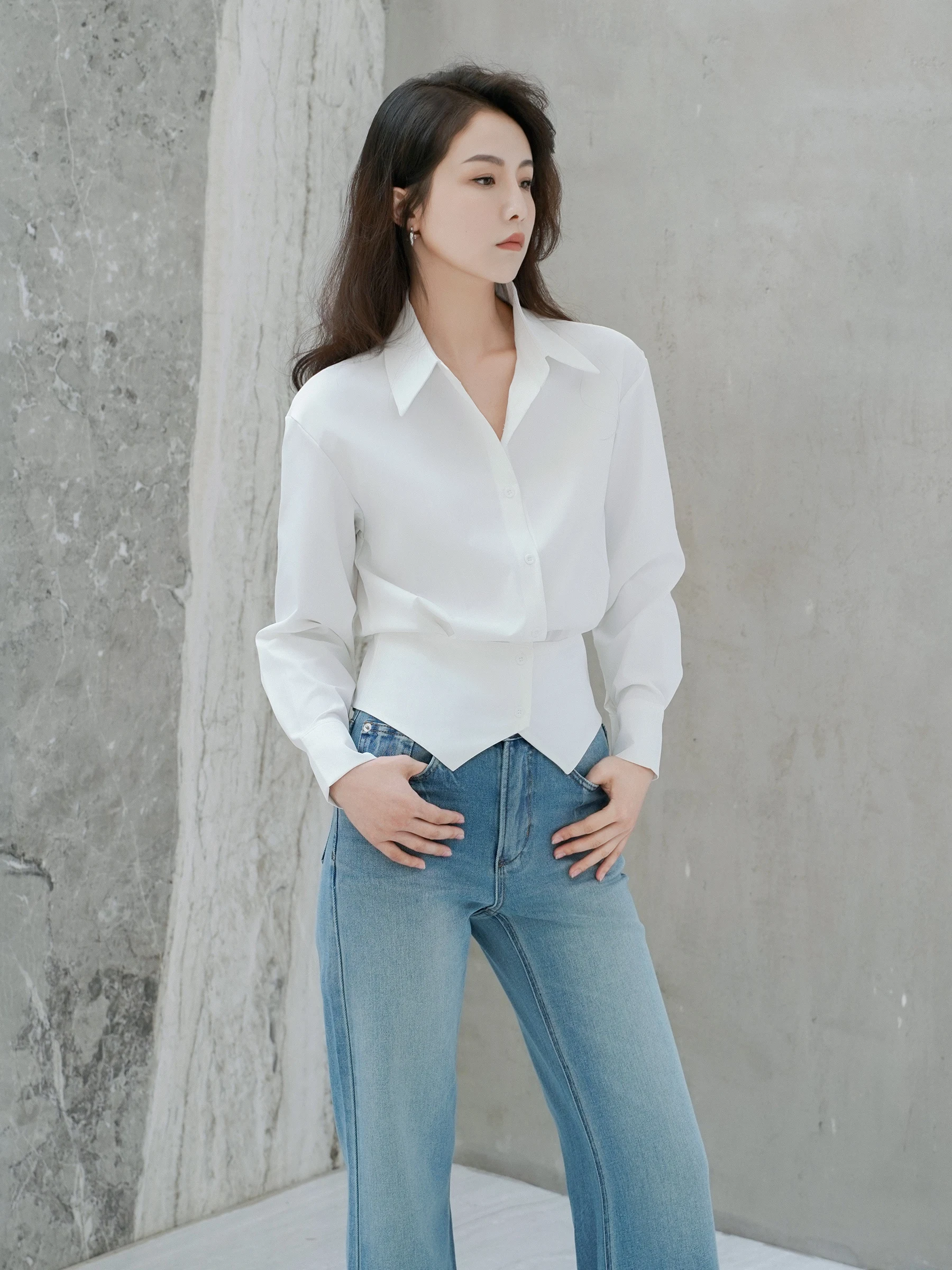 

Iron-Free irt Women's White Waist-Cinching Commute Sle Long Sve ort Length Open Cardigan Design Polyester Cotton Blend