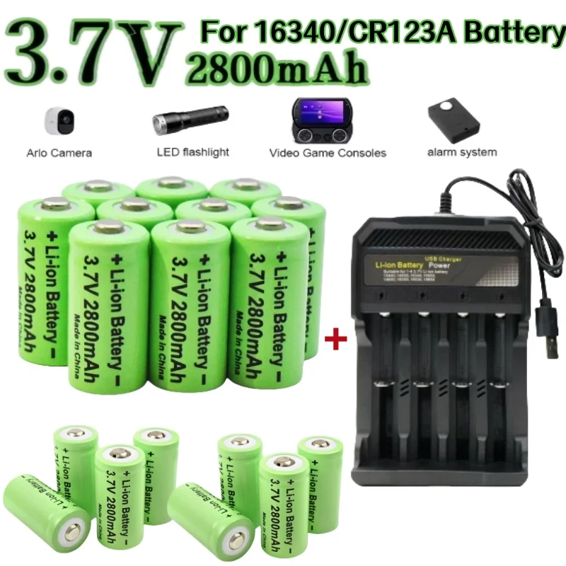 2800mAh CR123A Rechargeable Battery 3.7V Li-ion 16340 Batteries for LED Flashlight Travel USB Charger 16340 CR123A Battery