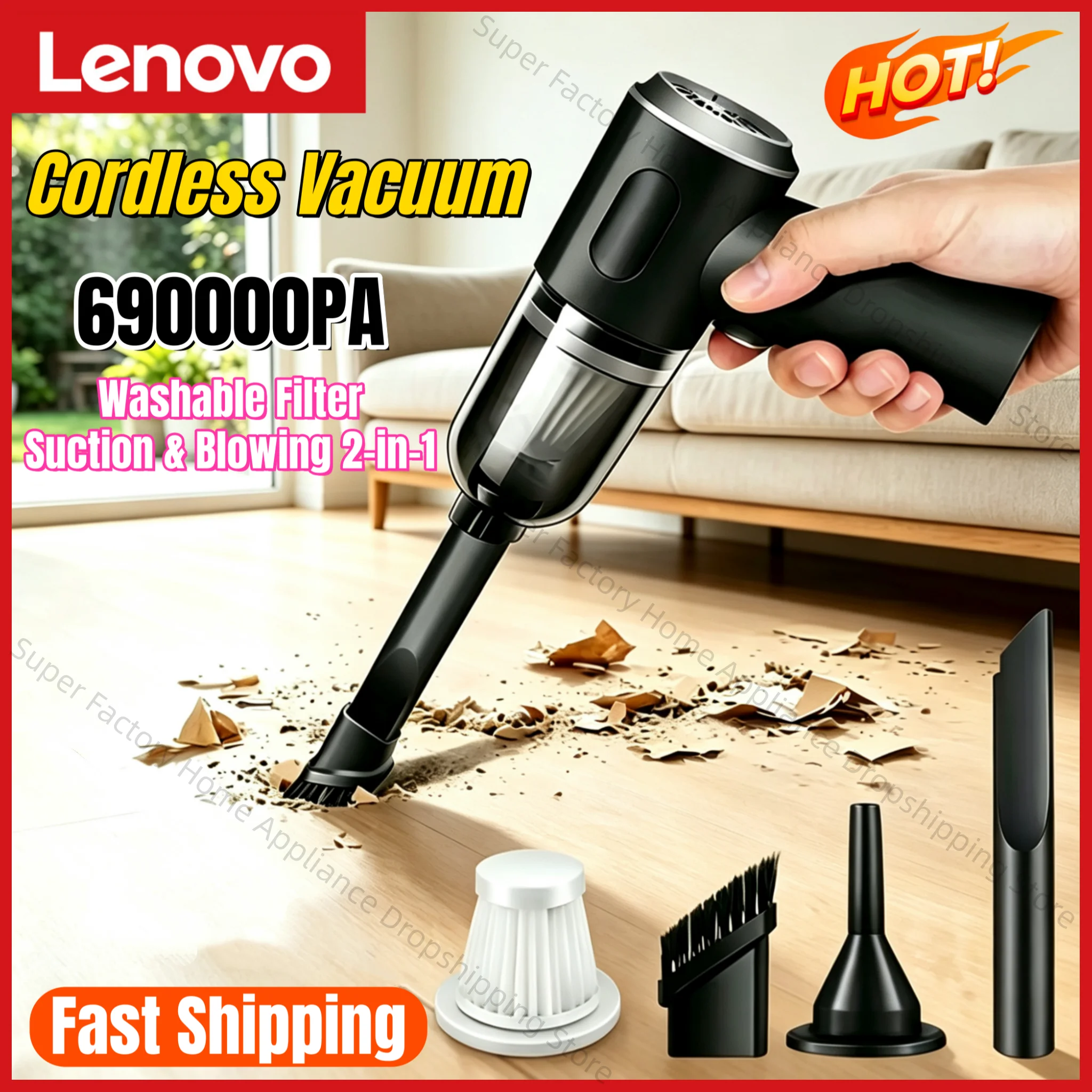 Lenovo New Cordless Handheld Car Vacuum Wet Dry Dual Use Wireless Cleaner High Power Battery Fast Charging Wireless Vacuum 2027