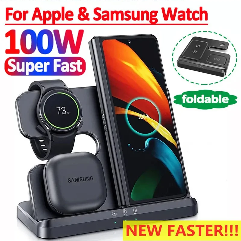 100W 3 in 1 Wireless Charger Stand For Samsung Fold 4 3 S22 Untra Galaxy Watch 5 4 3 Active 2/1 Buds Fast Charging Dock Station