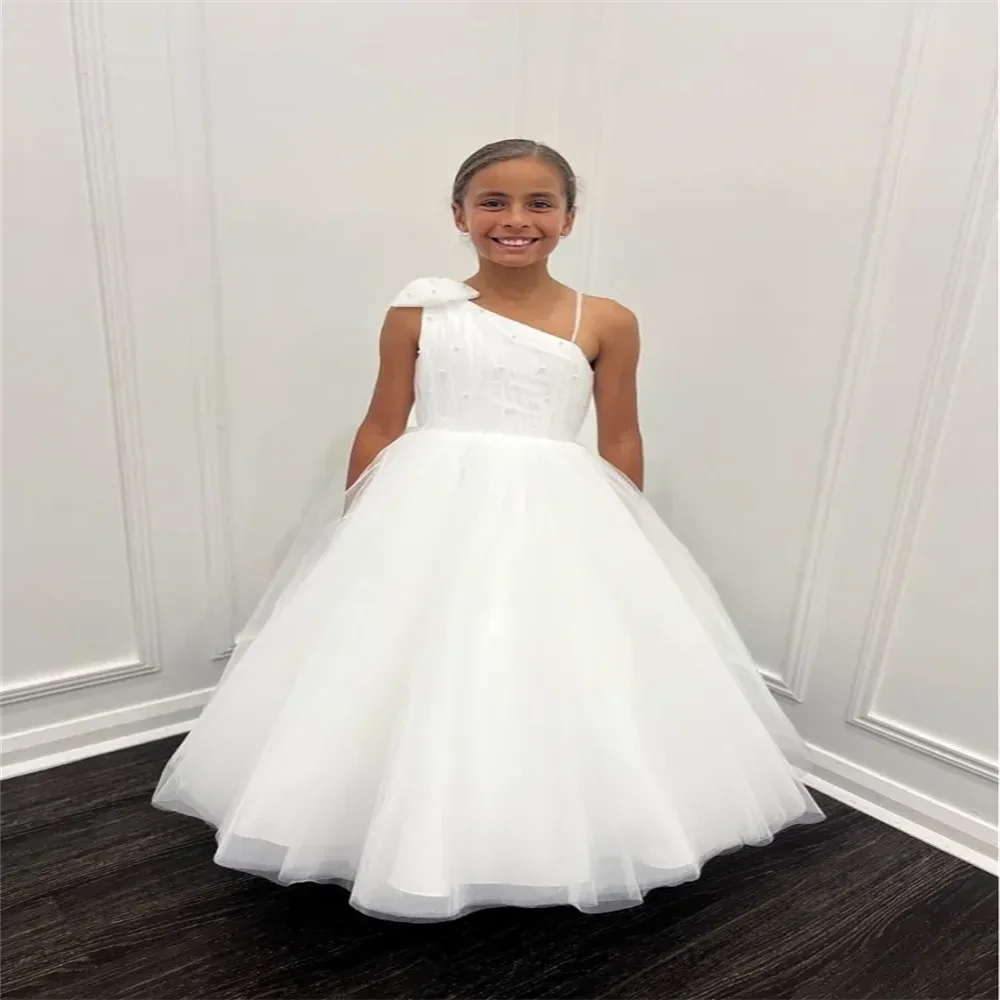 Vestido de niña de flores elegancia blanca lazo de cumpleaños perlas bata de primera comunión fiesta de bebé boda desfile de belleza