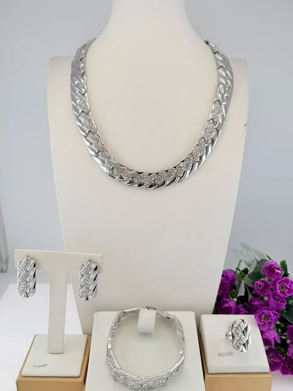 Chunky Twist Chain 4Pcs Crystal Jewelry Set Women Gold Silver Plated Necklace Earrings Bracelet Ring Luxury Wedding Bridal State