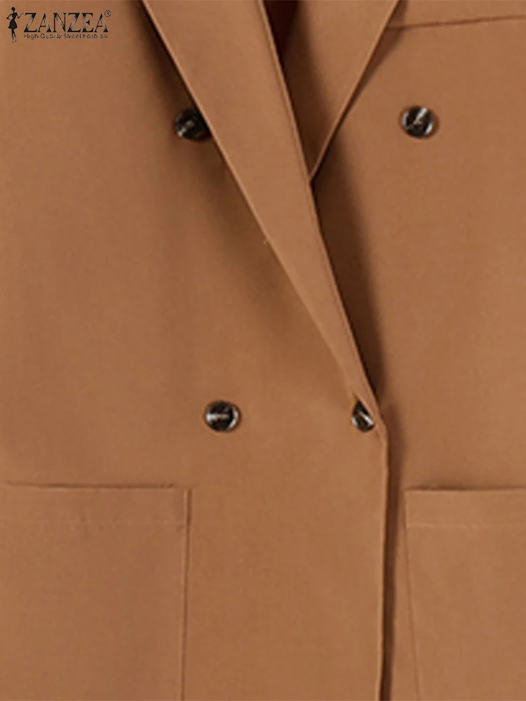 سترة ZANZEA لخريف 2025 خفيفة الوزن للنساء أنيقة OL مع طية صدر مدببة وأكمام طويلة مزدوجة الصدر بلون واحد سترات بدلة